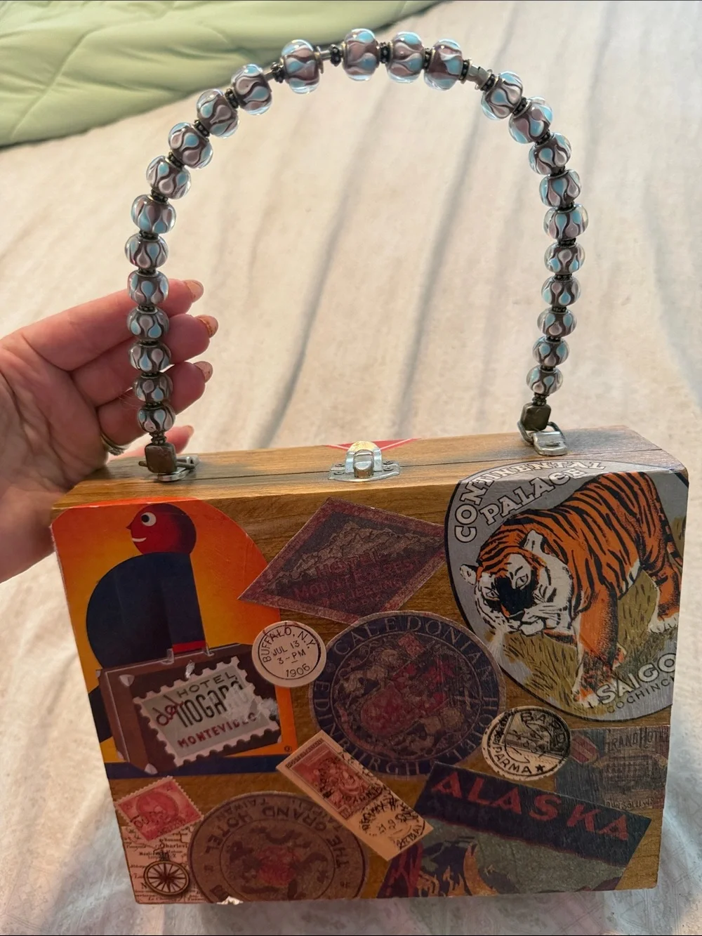 Vintage Travel Collage Box Handbag in Multicolor